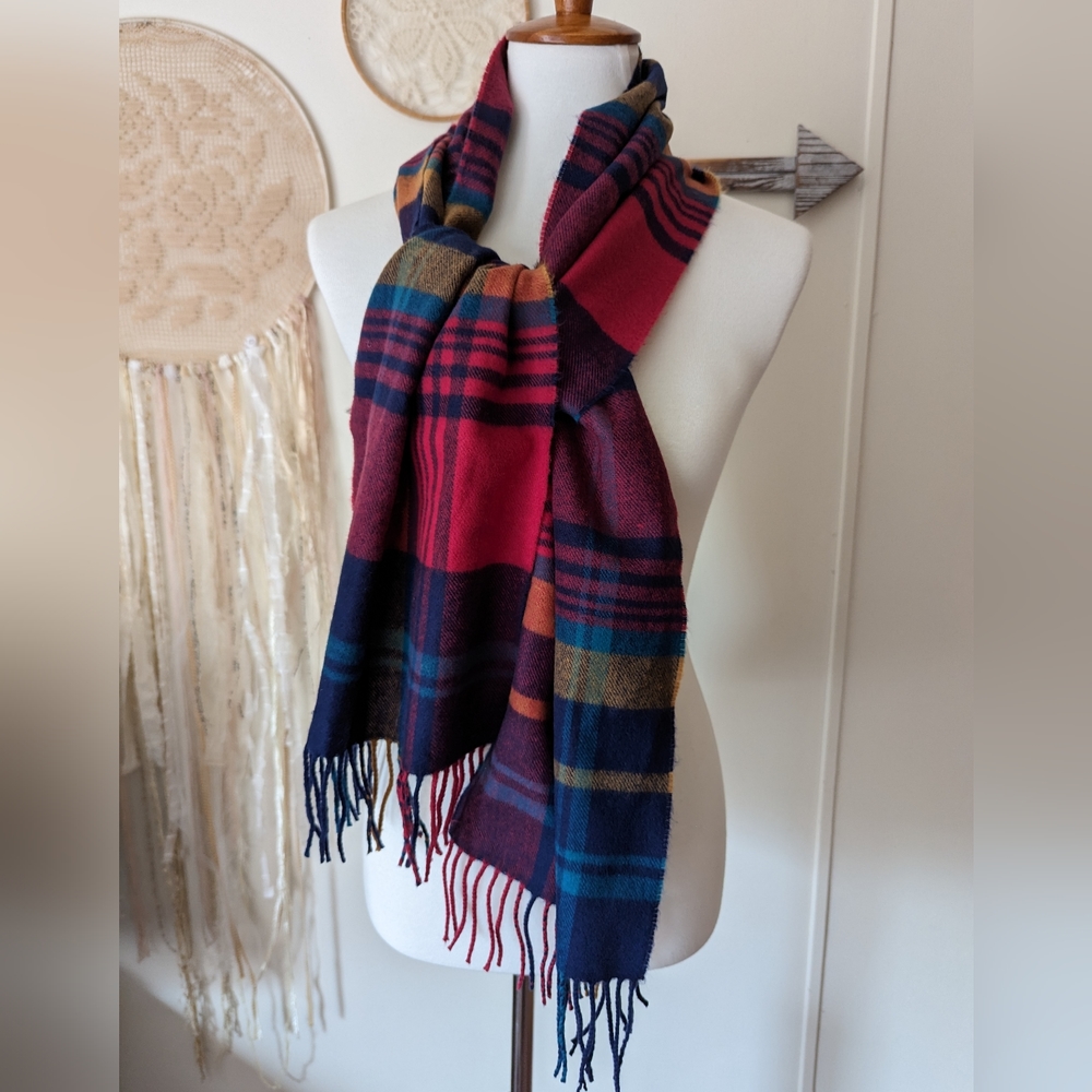 100% Cashmere Scarf Bright Multi Color Plaid Made in Scotland